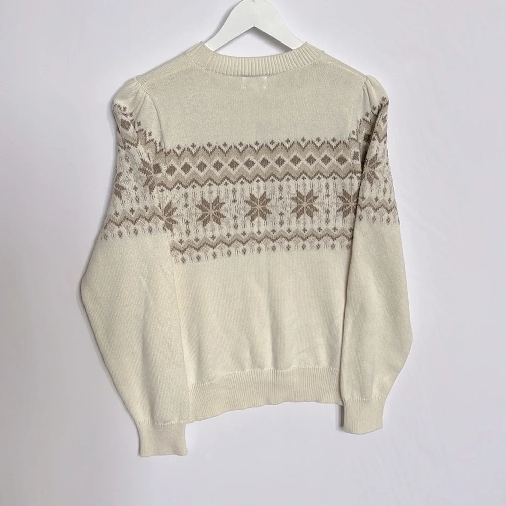 J. Crew 100% Cotton Fair Isle Ivory Brown Crewneck Sweater Puff Slv Sz M SOOL